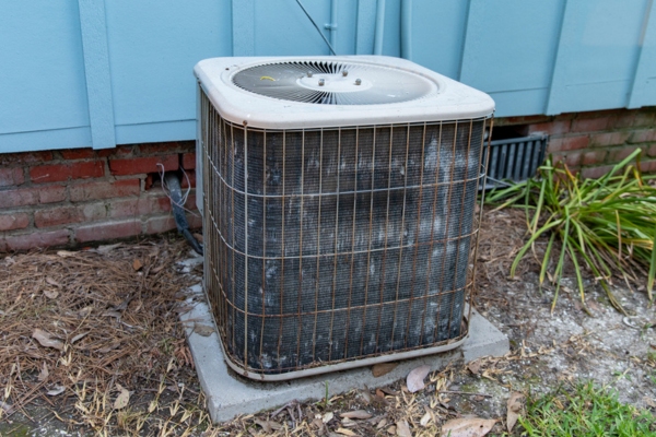 old central air conditioner installed outside the house